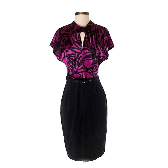 Trina Turk Dresses & Skirts - TRINA TURK 100% Silk Black & Magenta Belted Midi Dress Sz S